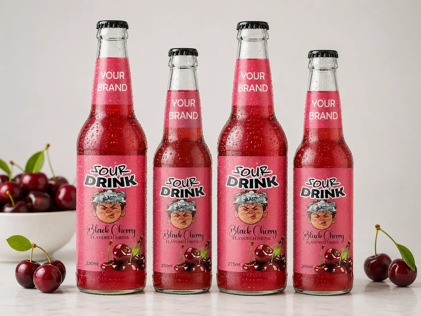 SOUR DRINK Black Cherry Flavored Drink in 330ml, 250ml, 275ml, and 200ml glass bottles.